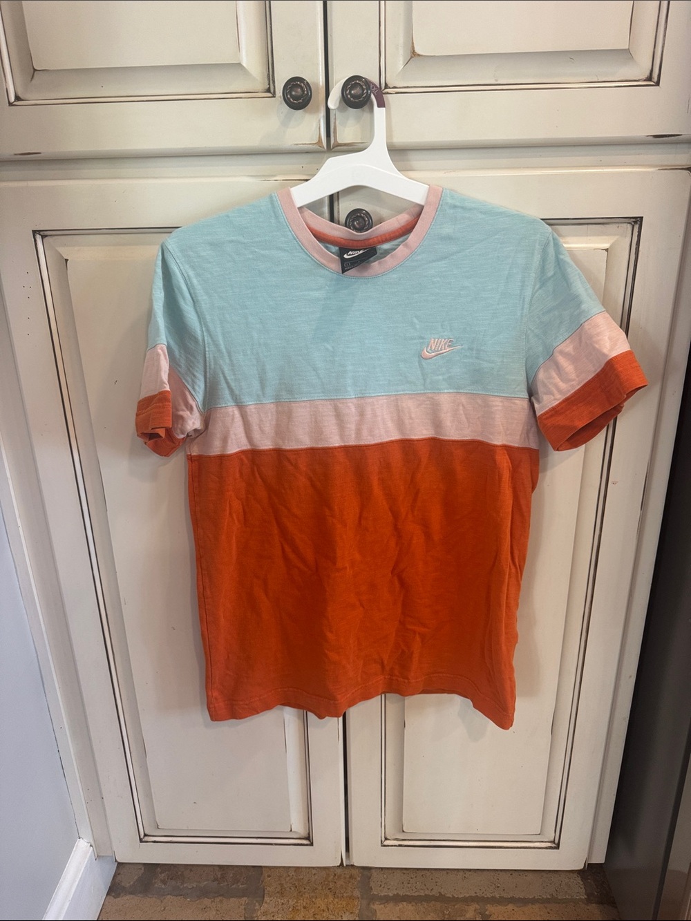 Nike Short Sleeve Colorblock Tee in Light Blue, Peach & Orange